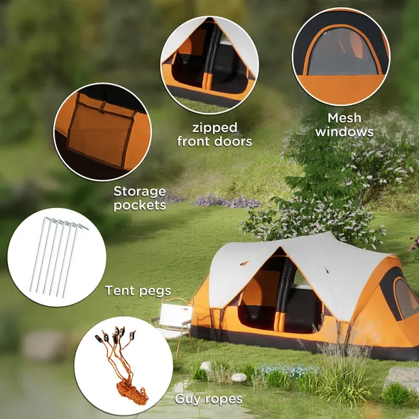 Outsunny 2 Bedroom Tent Six-man Seates Family Camping for Outdoor Adventure, Orange - 8