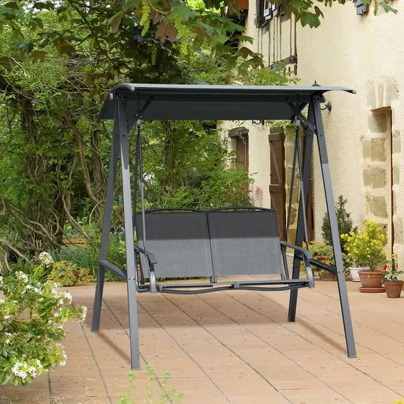 Outsunny 2 Seater Garden Swing Seat Swing Chair, Outdoor Canopy Swing Bench with Adjustable Shade, Metal Frame and Texteline Seat, Dark Grey - 2