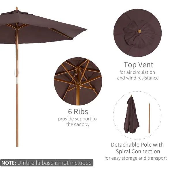 Outsunny 2.5m Wood Garden Parasol Sun Shade Patio Outdoor Wooden Umbrella Canopy Coffee - 4