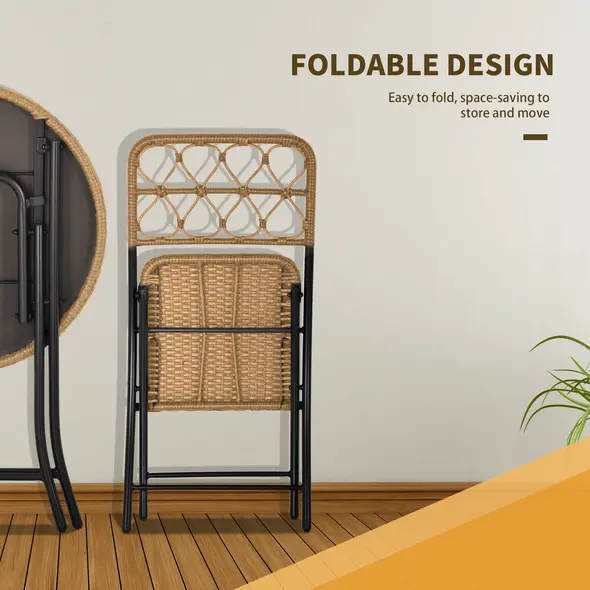 Outsunny 2 Seater Foldable Rattan Wicker Bistro Set, Coffee Table and Chairs, Natural - 5