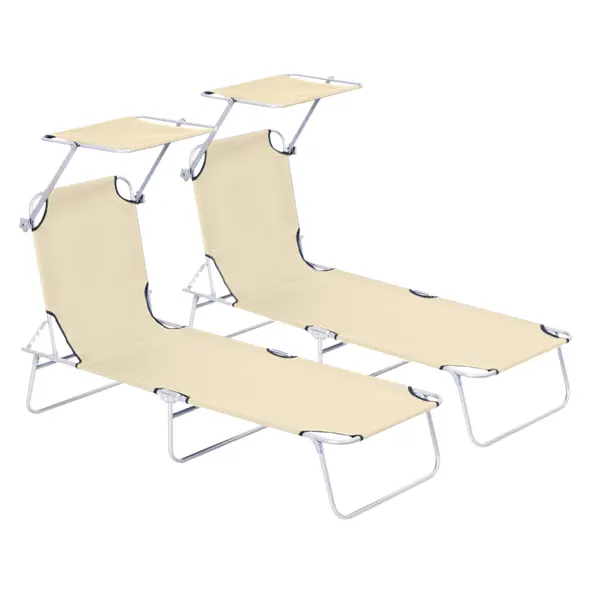 Outsunny 2 Pieces Outdoor Foldable Sun Lounger, 4 Level Adjustable Backrest Reclining Sun Lounger Chair with Angle Adjust Sun Shade Awning for Beach, Garden, Patio, Beige - 1
