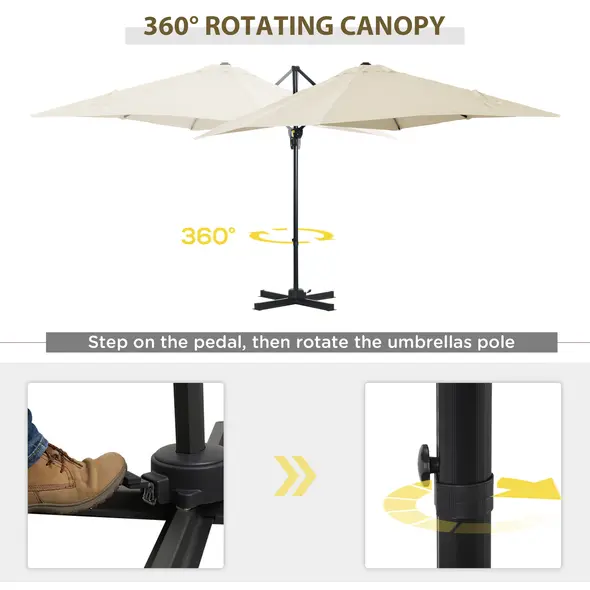 Outsunny 2.5 x 2.5m Patio Offset Parasol Umbrella Cantilever Hanging Aluminium Sun Shade Canopy Shelter 360° Rotation with Crank Handle and Cross Base, Cream White - 4