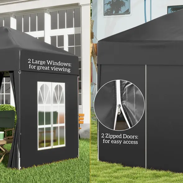 Outsunny 2 x 2 m Garden Pop Up Gazebo, Wedding Party Tent Marquee, Water Resistant Awning Canopy with Sidewalls, Windows, Carry Bag, Black - 7