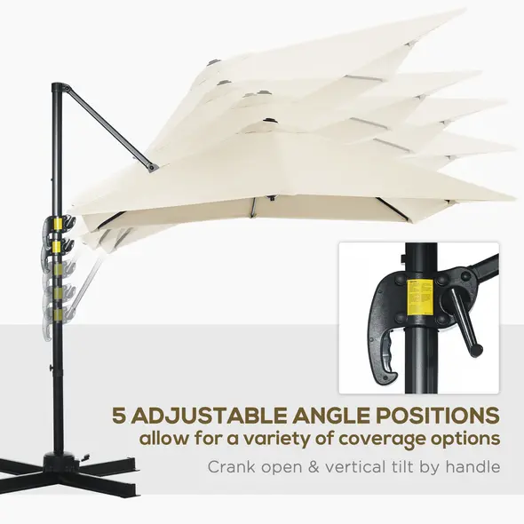 Outsunny 2.5 x 2.5m Patio Offset Parasol Umbrella Cantilever Hanging Aluminium Sun Shade Canopy Shelter 360° Rotation with Crank Handle and Cross Base, Cream White - 5