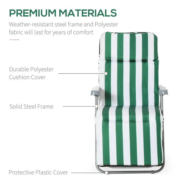 Outsunny 2 Pieces Outdoor Sun Lounger Set with Cushions, Patio Folding 5-Level   Adjustable Backrest Recliner Chairs Set of 2 with High Backrest and Armrests, Green & White - 7