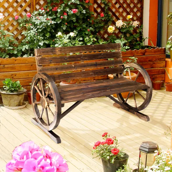 Outsunny 2 Seater Garden Bench with Wooden Cart Wagon Wheel Rustic High Back Brown - 2