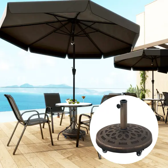 Outsunny 21kg Resin Garden Parasol Base with Wheels, Round Umbrella Stand, Heavy Duty Sun Umbrella Base for 32, 38, 48 mm Umbrella Poles for Deck Poolside, Bronze Tone - 2