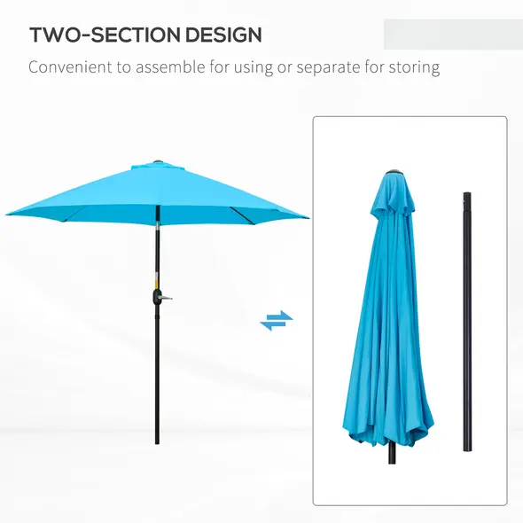 Outsunny 2.6M Patio Parasol Sun Umbrella, Tilt Shade Shelter Canopy with Crank 8 Ribs Aluminium Frame, Blue - 7