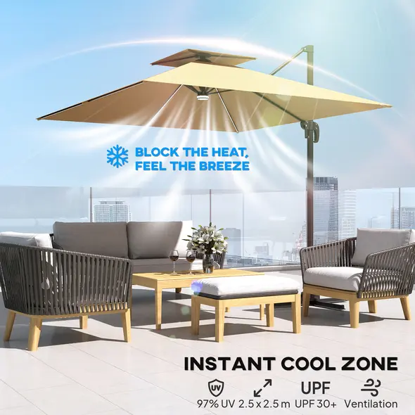 Outsunny 2.5m Cantilever Parasol with Solar Powered LED Lights, 360° Rotation, Tilt Adjustment, Crank Handle, Khaki - 5