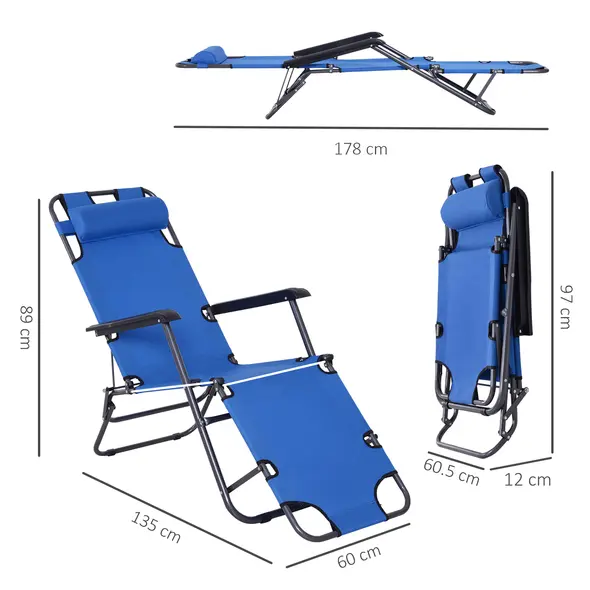 Outsunny 2 in 1 Folding Sun Lounger Reclining Garden Chair Set of 2 with 2-Level Adjustable Backrest, Outdoor Zero Gravity Recliner Garden Chairs with Head Pillow and Armrests, Blue - 3