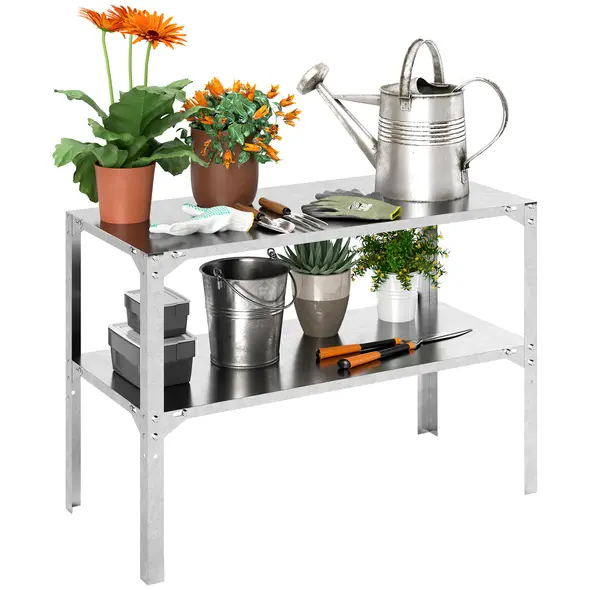 Outsunny 2 Tier Potting Bench Table, Galvanised Steel Garden Planting Work Bench Workstation with Storage Shelf for Outdoor, Patio, Greenhouse, 110 x 50 x 75 cm, Silver Tone - 1