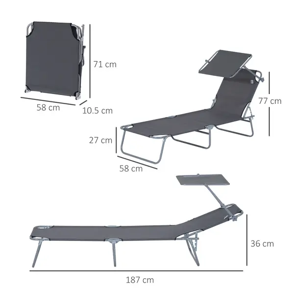 Outsunny 2 Pieces Outdoor Foldable Sun Lounger, 4 Level Adjustable Backrest Reclining Sun Lounger Chair with Angle Adjust Sun Shade Awning for Beach, Garden, Patio, Dark Grey - 3