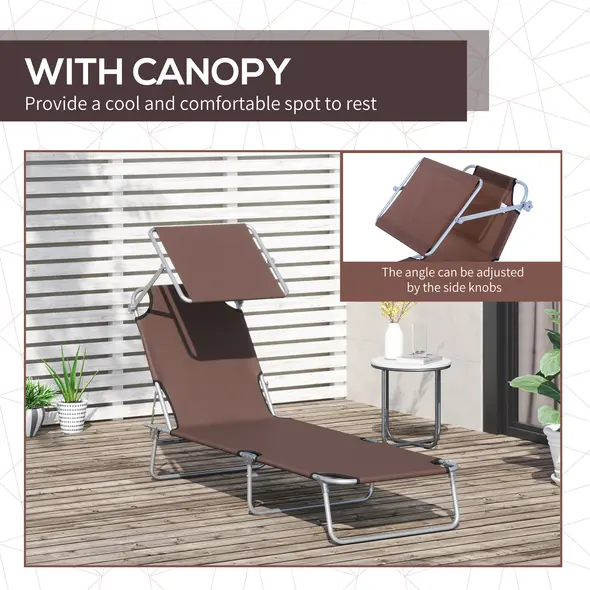 Outsunny 2 Pieces Outdoor Foldable Sun Lounger, 4 Level Adjustable Backrest Reclining Sun Lounger Chair with Angle Adjust Sun Shade Awning for Beach, Garden, Patio, Brown - 6