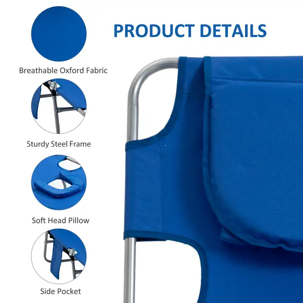 Outsunny 2 Pieces Foldable Sun Lounger with Reading Hole, Portable Sun Lounger with 5 Level Adjustable Backrest, Reclining Lounge Chair with Side Pocket, Headrest Pillow, Blue - 6