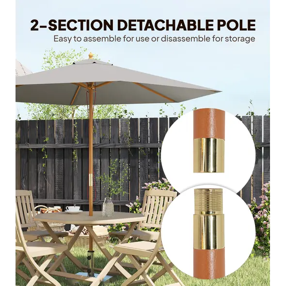 Outsunny 2.5m Wood Garden Parasol Sun Shade Patio Outdoor Wooden Umbrella Canopy, Table Market Umbrella with Vent, 38mm Pole, Rope Pulley Mechanism, Grey - 6