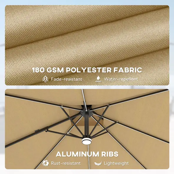 Outsunny 2.5m Cantilever Parasol with Solar Powered LED Lights, 360° Rotation, Tilt Adjustment, Crank Handle, Khaki - 6