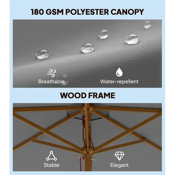 Outsunny 2.5m Wood Garden Parasol Sun Shade Patio Outdoor Wooden Umbrella Canopy, Table Market Umbrella with Vent, 38mm Pole, Rope Pulley Mechanism, Grey - 5