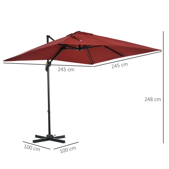 Outsunny 2.5 x 2.5m Patio Offset Parasol Umbrella Cantilever Hanging Aluminium Sun Shade Canopy Shelter 360° Rotation with Crank Handle and Cross Base, Wine Red - 3