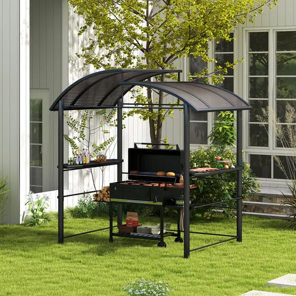 Outsunny 2.4 x 1.5m Outdoor Grill Gazebo with Side Shelves, PC Board Roof, Dark Grey - 2