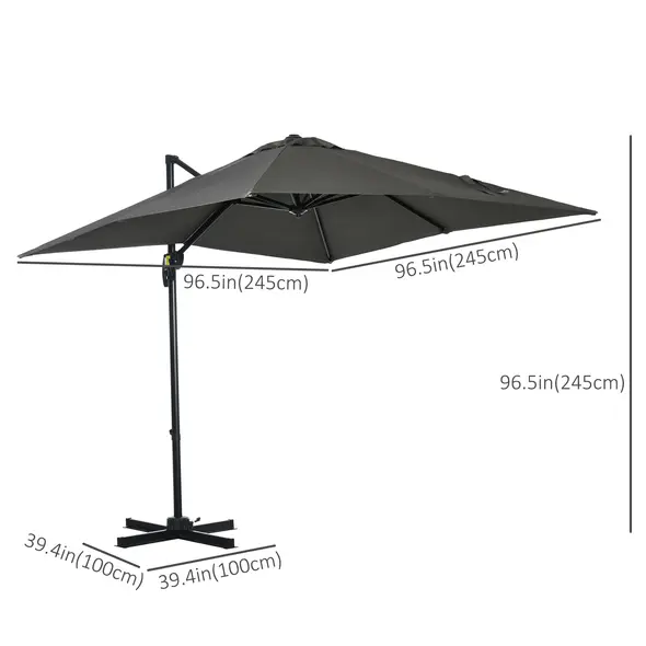 Outsunny 2.5 x 2.5m Patio Offset Parasol Umbrella Cantilever Hanging Aluminium Sun Shade Canopy Shelter 360° Rotation with Crank Handle and Cross Base, Grey - 4