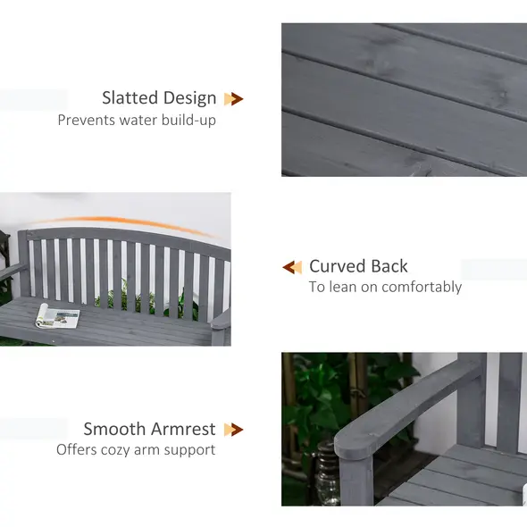 Outsunny 2 Seater Wooden Garden Bench with Armrest, Outdoor Furniture Chair for Park, Balcony, Grey - 6