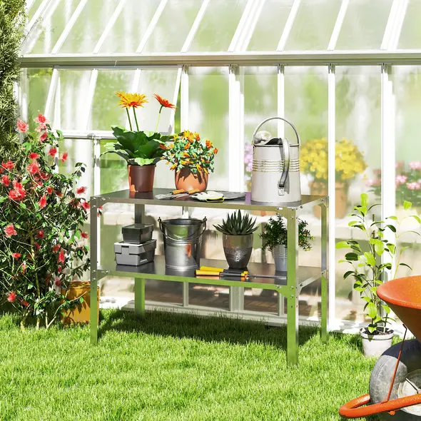 Outsunny 2 Tier Potting Bench Table, Galvanised Steel Garden Planting Work Bench Workstation with Storage Shelf for Outdoor, Patio, Greenhouse, 110 x 50 x 75 cm, Silver Tone - 2