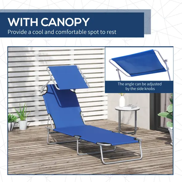 Outsunny 2 Pieces Outdoor Foldable Sun Lounger, 4 Level Adjustable Backrest Reclining Sun Lounger Chair with Angle Adjust Sun Shade Awning for Beach, Garden, Patio, Blue - 6