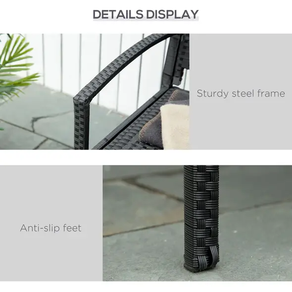 Outsunny 2 Seater Poly Rattan Garden Bench, All Weather Wicker Garden Loveseat, Outdoor Seating Bench with 240 Load Capacity, Backrest and Armrests for Patio, Terrace, Balcony, Black - 6