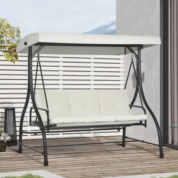 Outsunny 3 Seater Canopy Swing Chair, 2 in 1 Garden Swing Seat Bed, with Adjustable Canopy and Metal Frame, Cream White - 2