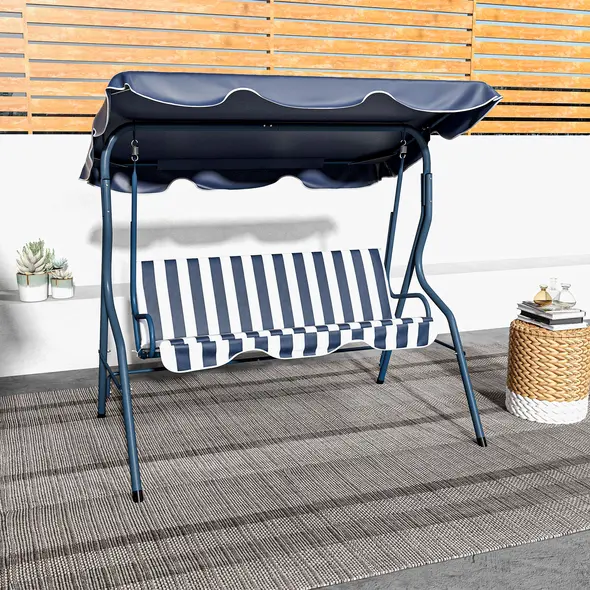 Outsunny 3 Seater Garden Swing Seat Chair Outdoor Bench with Adjustable Canopy and Metal Frame, Blue Stripes - 7