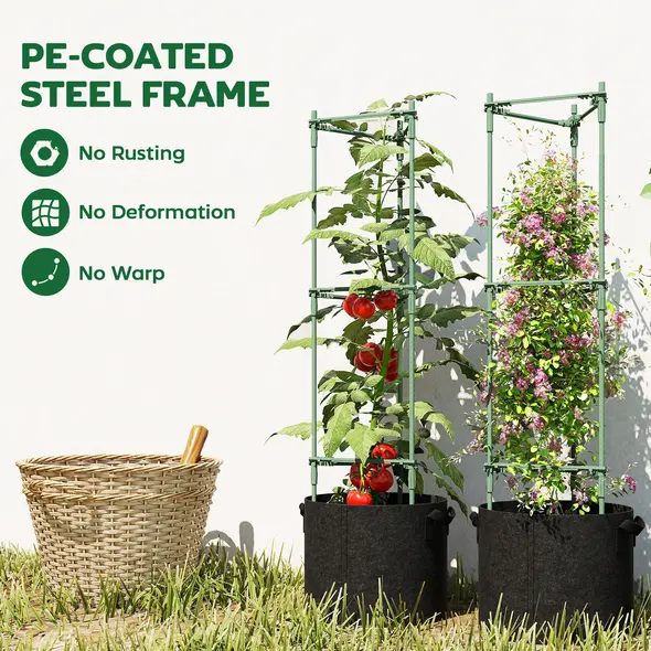 Outsunny 3 Packs Tomato Cages with 83.7L Grow Bags, 47.2" Adjutstable Triangle Plant Stakes Support Trellis with Planter Bags - 7