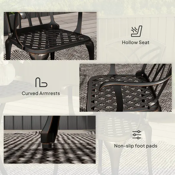 Outsunny 3 Pieces Garden Dining Set for 2, Cast Aluminium Outdoor Dining Set with 2 Armchairs and Round Dining Table with Parasol Hole, Garden Furniture Set, Bronze Tone - 7