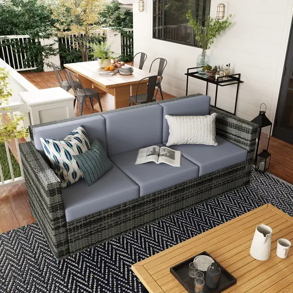 Outsunny 3 Seater All Weather Outdoor Sofa, Garden Rattan Sofa with Cushions and Mental Frame, Grey - 2