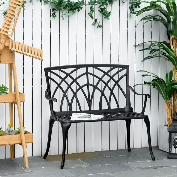 Outsunny 2-Seater Cast Aluminium Garden Bench Loveseat Outdoor Furniture Chair w/ Decorative Backrest & Ergonomic Armrest for Patio Terrace Porch - 2