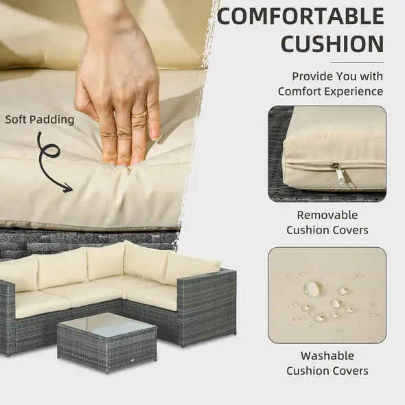 Outsunny 3 Pieces PE Rattan Garden Furniture Set with 10 cm Thick Cushions, 4 Seater Garden Corner Sofa Set with Glass Top Coffee Table, Outdoor Furniture for Patio, Porch, Beige - 5