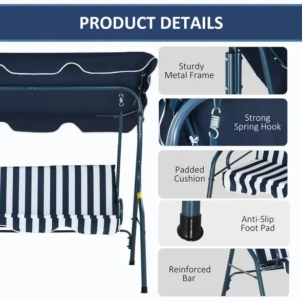 Outsunny 3 Seater Garden Swing Seat Chair Outdoor Bench with Adjustable Canopy and Metal Frame, Blue Stripes - 5