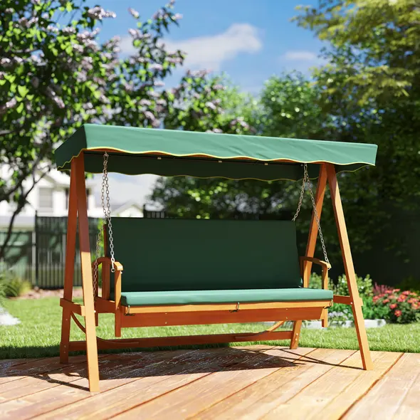 Outsunny 3 Seater 2-in-1 Wooden Garden Swing Seat Swing Chair Outdoor Convertible Hammock Bench Furniture Lounger Bed Wood, Dark Green - 2