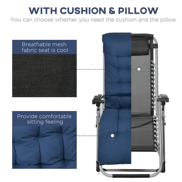 Outsunny 2pc Reclining Zero Gravity Sun Loungers ,Folding Chaise Lounge Chair with Cushions, Blue - 6