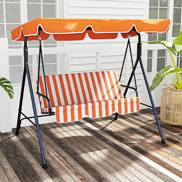 Outsunny 3 Seater Garden Swing Chair, Outdoor Swing Chair with Adjustable Canopy, Mental Frame & Cushions, Orange - 2