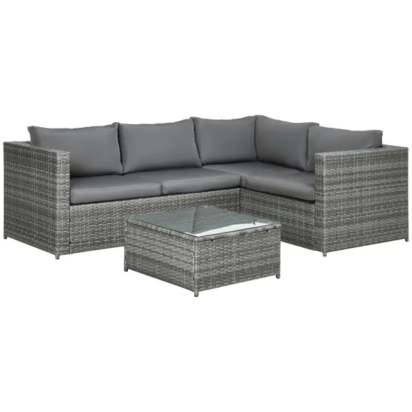 Outsunny 3 Pieces PE Rattan Garden Furniture Set with 10 cm Thick Cushions, 4 Seater Garden Corner Sofa Set with Glass Top Coffee Table, Outdoor Furniture for Patio, Porch, Grey - 1