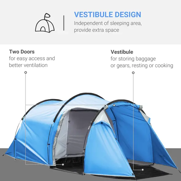 Outsunny 2-3 Man Tunnel Tent with Vestibule, Weather-Resistant Camping Tent with Air Vents for Fishing Hiking, Light Blue & Grey - 4