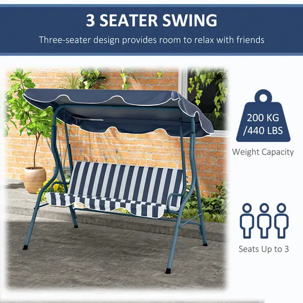 Outsunny 3 Seater Garden Swing Seat Chair Outdoor Bench with Adjustable Canopy and Metal Frame, Blue Stripes - 6