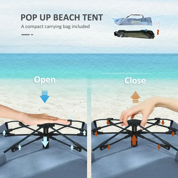 Outsunny 2-3 Person Pop Up Beach Tent, UPF15+ Sun Shelter with Extended Floor, Sandbags, Mesh Windows and Carry Bag, Light Blue - 4