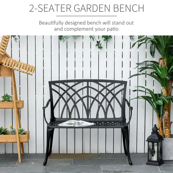 Outsunny 2-Seater Cast Aluminium Garden Bench Loveseat Outdoor Furniture Chair w/ Decorative Backrest & Ergonomic Armrest for Patio Terrace Porch - 4