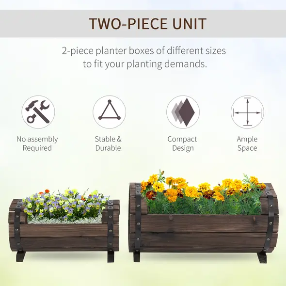 Outsunny 2PCs 56L Wooden Planter Box Flower Plant Pot Outdoor Flower Beds Plant Box with Solid Wood Carbonized Colour - 4
