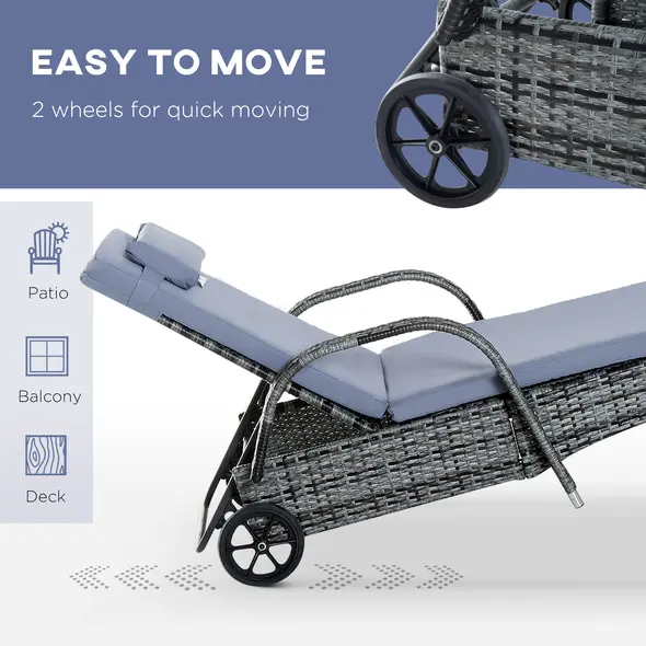 Outsunny 3 Pieces Rattan Sun Loungers, Garden Wicker Wheeling Recliner , PE Rattan Lounge Chairs w/ Cushions & Side Coffee Table Grey - 6