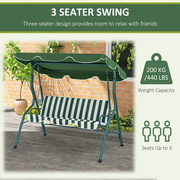 Outsunny 3 Seater Garden Swing Seat Chair Outdoor Bench with Adjustable Canopy and Metal Frame, Green Stripes - 6