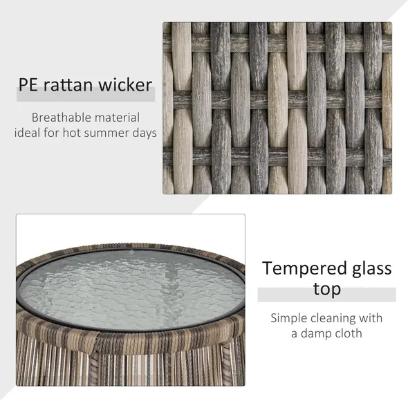 Outsunny 3 Pieces Rattan Bistro Set, Wicker Garden Furniture Set with Cushions, Glass Top Coffee Table and Chairs for Outdoor, Patio, Balcony, Grey - 5