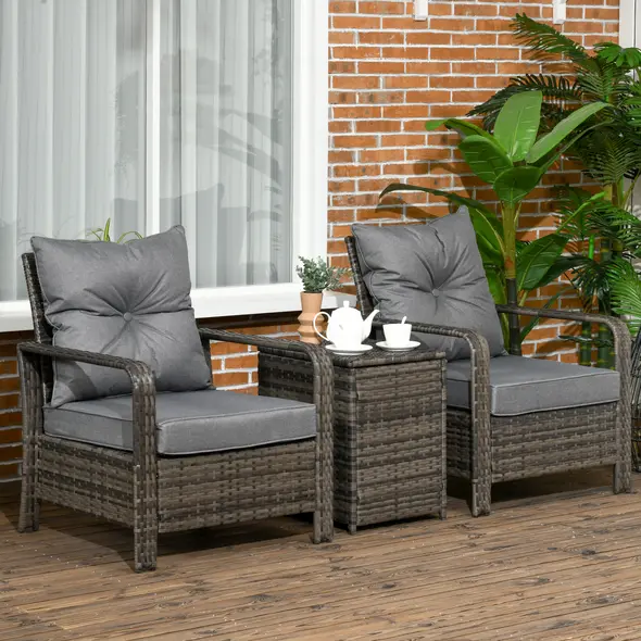 Outsunny 3 Pieces Rattan Bistro Set, Wicker Garden Furniture Set with Storage Coffee Table and Chairs, Thickened Cushions for Outdoor, Patio, Balcony, Grey - 2