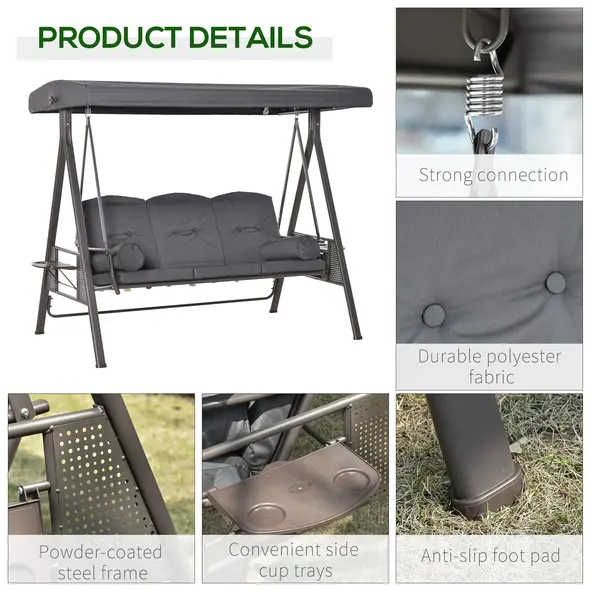 Outsunny 3 Seater Garden Swing Chair Outdoor Hammock Bench w/ Adjustable Canopy, Cushions and Cup Trays, Brown Steel Frame, Dark Grey Fabric - 6